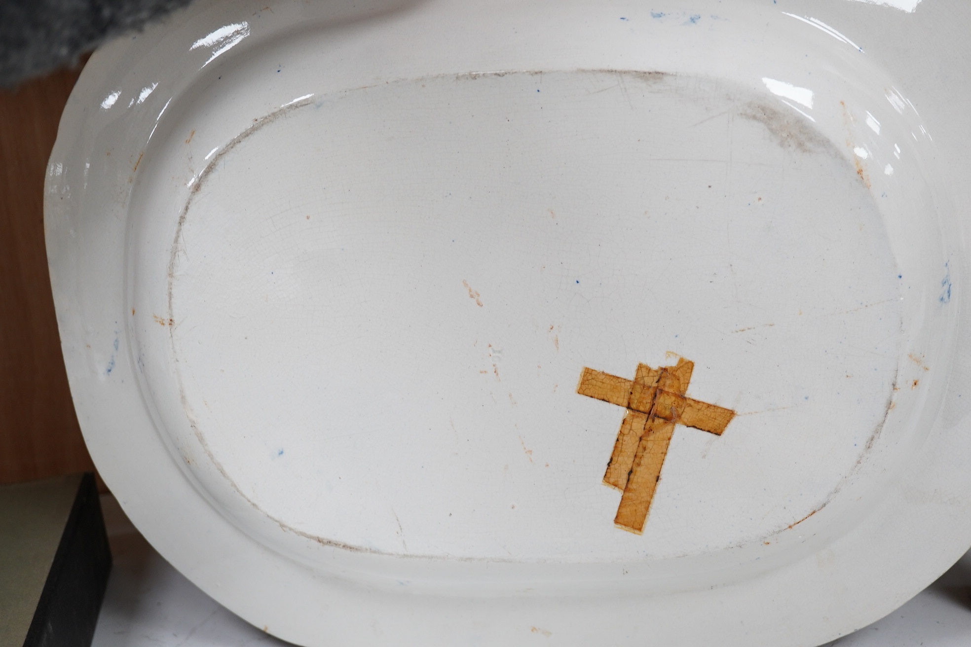 A pair of Victorian blue and white Briar Rose serving plates, 46cm wide. Condition - fair